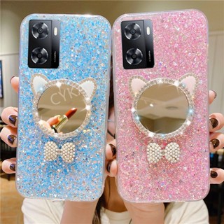 เคสโทรศัพท์มือถือ แบบนิ่ม ลายกากเพชร มีกระจก สําหรับ OPPO A57 4G 2022 A77S A77S A57 A77S