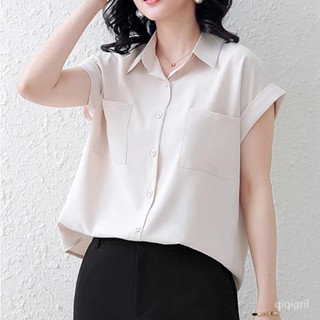 เสื้อชีฟองแขนสั้นผู้หญิง  เสื้อเชิ้ตผ้าชีฟองทรงหลวม ท็อปสตรี สวมใส่สบาย