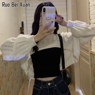 RUO BEI XAUN ผู้หญิงเสื้อถักเสื้อสวมหัวแขนสั้นกลวงเสื้อถักสไตล์เกาหลีหลวมแฟชั่นแนวโน้มเสื้อถัก