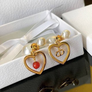 CHRISTIAN DIOR CD HEART TRIBALE EARRING เครื่องประดับ ตุ้มหู ต่างหู แบรนด์คริสเตียนดิออร์ double มุกสีขาวนวล หัวใจ ทอง