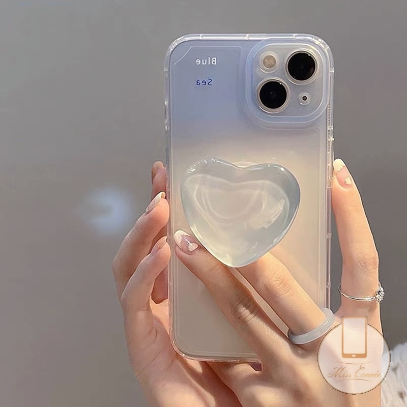 เคสโทรศัพท์มือถือ TPU นิ่ม แบบใส ไล่โทนสีฟ้า พร้อมแหวนขาตั้ง รูปหัวใจน่ารัก สําหรับ IPhone 7 15 8 6 6S Plus 11 13 12 15 Pro MAX XR X XS MAX SE 2020