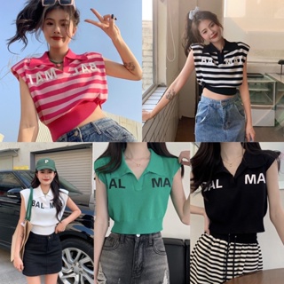 ttshop🌟พร้อมส่ง🌟เสื้อครอปไหมพรมแขนกุด ทรงโปโล ลายอังกฤษหน้าอกBALMAIสไตล์เกาหลี