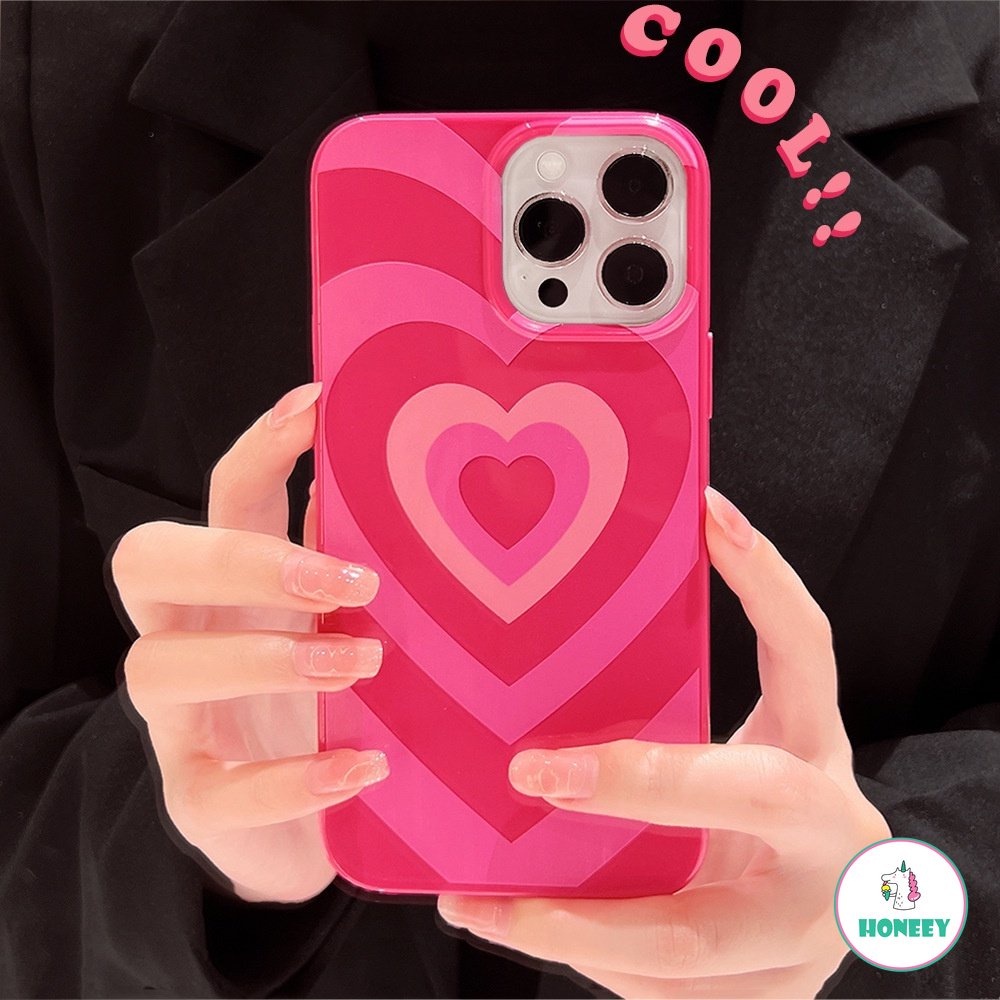 เคสโทรศัพท์มือถือ TPU นิ่ม กันกระแทก ปิดด้านหลัง บางพิเศษ ลายหัวใจ สีชมพูวาว สําหรับ IPhone 15 14 13 12 11 Pro Max X Xs XR 8 7 Plus
