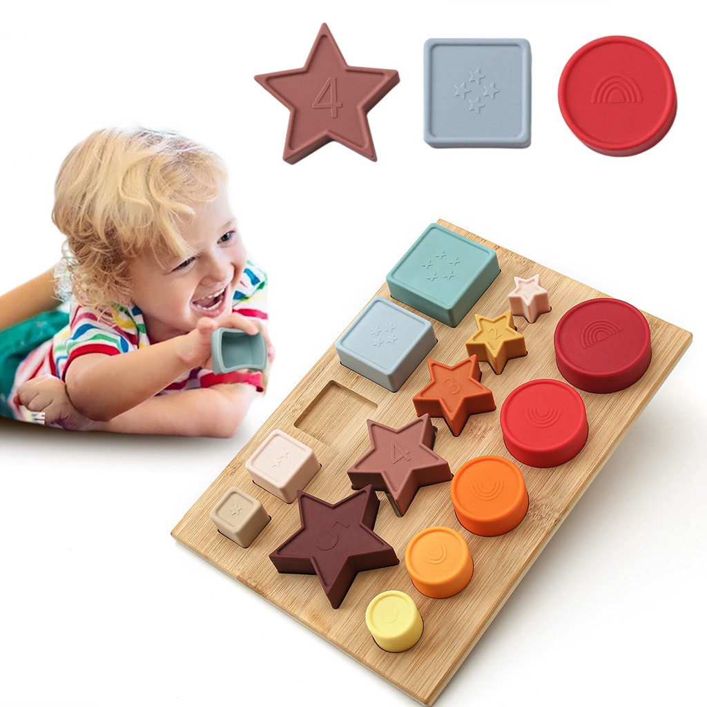 เด ็ กซิลิโคนซ ้ อนของเล ่ น Star,Round,Square Shape Soft Stacker Blocks เด ็ กวัยหัดเดิน Early Education ของเล ่ น