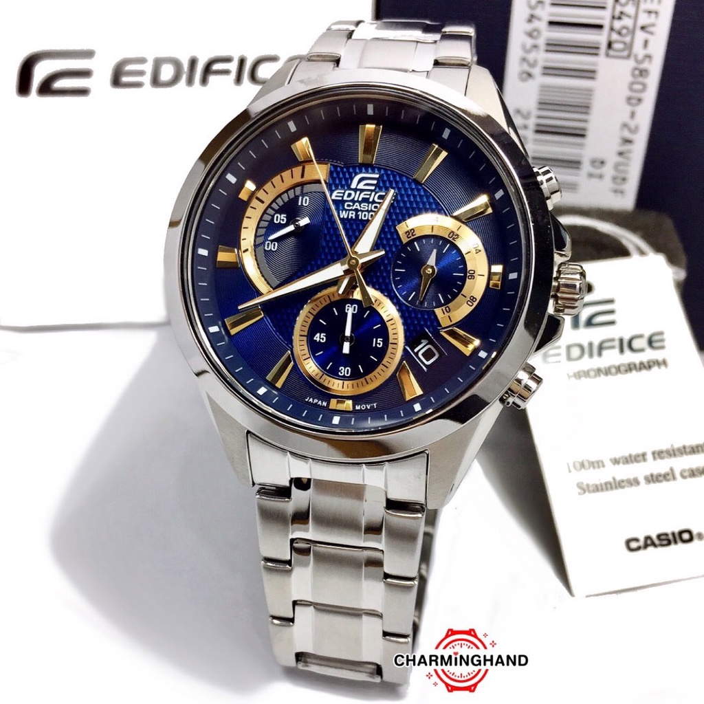 ส่งฟรี นาฬิกาข้อมือผู้ชายแท้ Casio Edifice นาฬิกาคาสิโอลดราคา หน้าปัดสีน้ำเงินตกแต่งด้วยสีทอง ดูมีระดับ นาฬิกาแท้ ประกัน