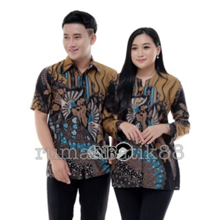 Maura Couple - Sania Ruffle Batik Couple Ori DNT Guarantee - Batik Couple Motif Manuk Tarung Size M L XL XXL Batik Tops Women Button Front Batik Tops Men Short Sleeve Shirt Office Uniform Batik Uniform ผ้าบาติก