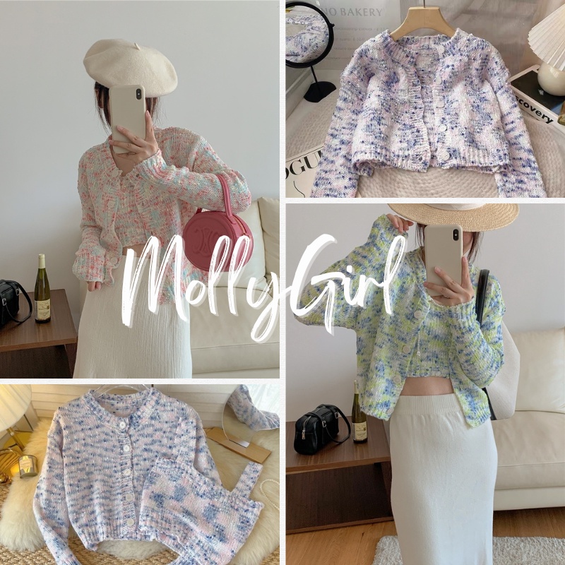 mollygirl เสื้อเซตไหมพรมแขนยาว ลายดอกไม้น่ารักกรุบ