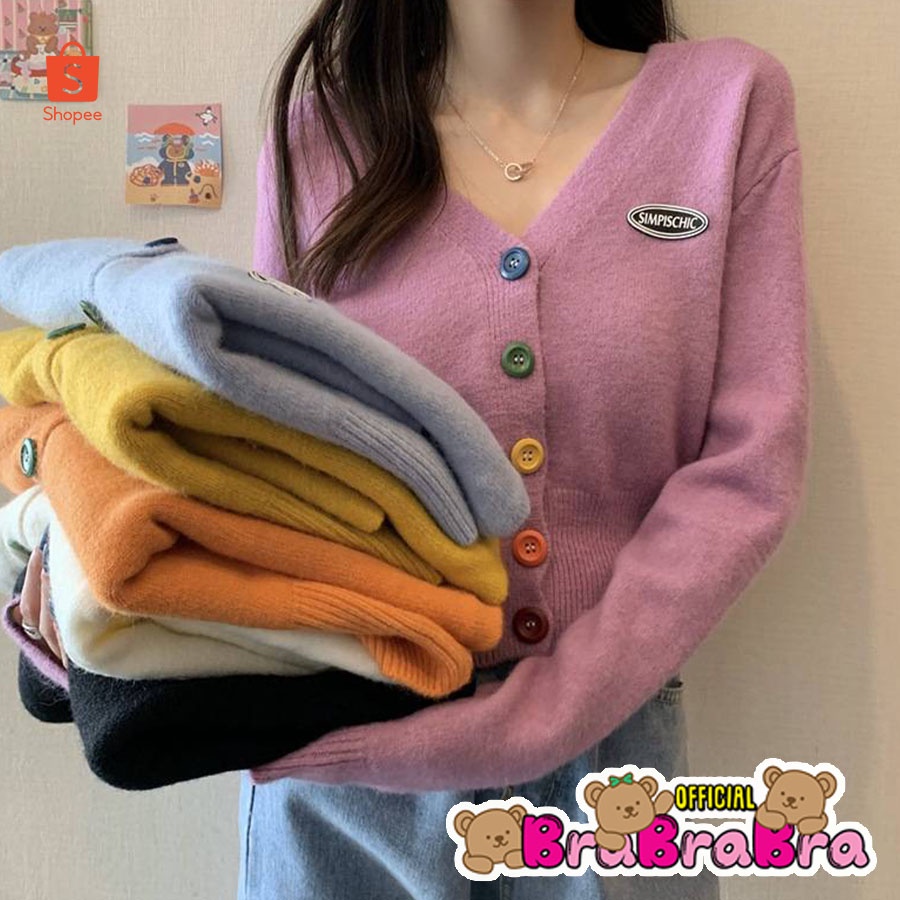 [ส่งจากไทย]   #f-127 เสื้อไหมพรม คอวี กระดุมหลากสี ผ้านุ่ม