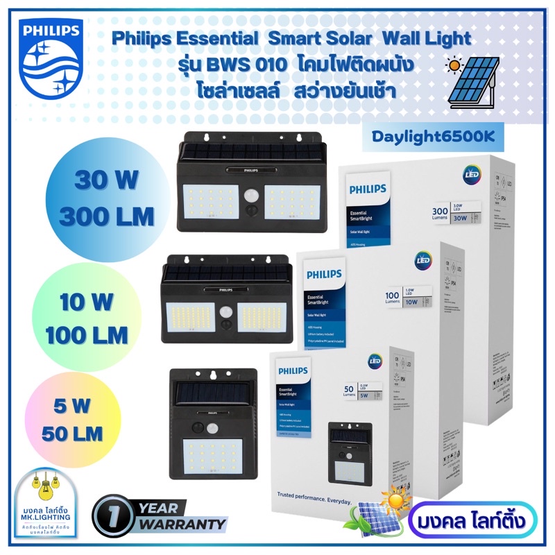 279 บาท Philips Solarโคมไฟติดผนังฟิลิปส์โซล่าเซลล์ Essential SmartBright Solar Wall Light รุ่น BWS010 Philips มี3ขนาด 5W/10W/30W Home & Living