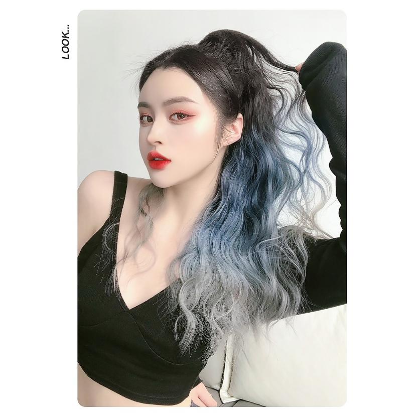 แฮร์พีชหางม้า แบบหนีบ ลอนมาม่า สีฟ้าเทา เฟดสีสวย ไหมนิ่ม รูปที่ 5
