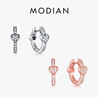 Modian Charm ต่างหูห่วง เงินแท้ 100% 925 รูปหัวใจ ประดับคริสตัล เครื่องประดับแฟชั่น สําหรับผู้หญิง