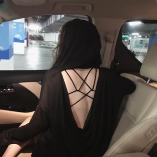 เสื้อเชิ้ต เปิดหลัง ผู้หญิงBackless Sexy Cutout Top Sun Protection Blouse เสื้อยืดแขนยาวสีดำหลวม