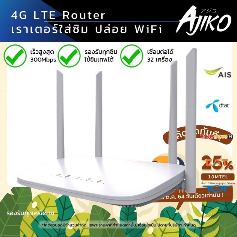 Ajiko เราเตอร์ใส่ซิม 4G ตัวปล่อยสัญญาณ WiFi แรง ซิมเทพได้ ทรู AIS DTAC เสียบใช้เลย