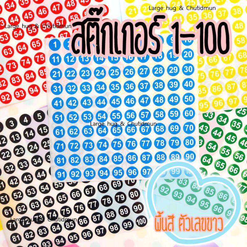 สติกเกอร์ 1-100 หลากสี 😀 พื้นสี ตัวเลขสีขาว ขนาดความกว้าง 1 ซม.