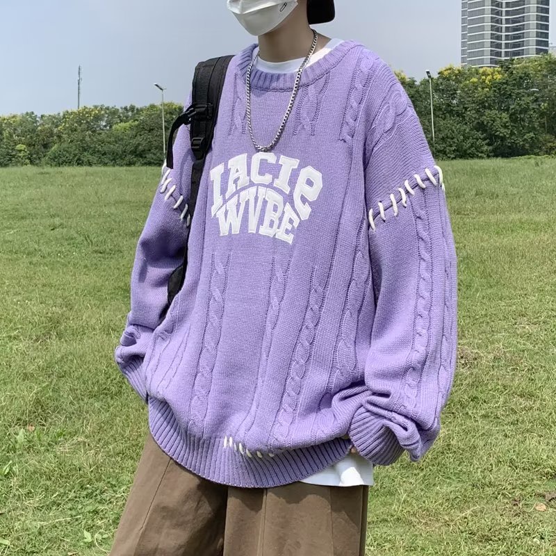 แห่งชาติถนนสวมใส่การออกแบบความรู้สึกจดหมายเย็บปักถักร้อยเสื้อสวมหัวรอบคอเสื้อกันหนาวผู้ชาย ม-2เอ็กแอล หลวมญี่ปุ่นหลวมขี้เกียจสวมใส่เชือก ซอก