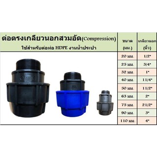 ต่อตรงเกลียวนอก ต่อตรงเกลียวใน ขนาด 20*1/2” 25*3/4” 32*1” 40*11/4 อุปกรณ์สวมอัด (COMPRESSION)