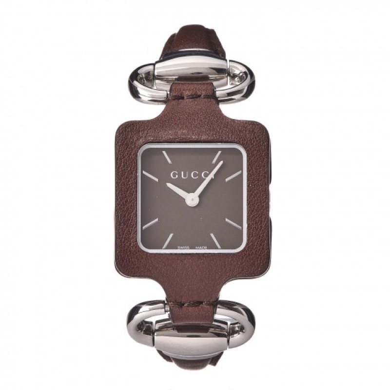 ส่งนาฬิกา ของแท้ GUCCI Stainless Steel Calfskin 25mm Firenze 1921 Horsebit Quartz Watch สี Brown