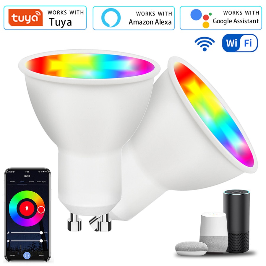 Tuya Wifi หลอดไฟ LED สมาร์ท RGB Multicolor GU10 โคมไฟ Smart Life 9W 7W 5W การควบคุมด้วยเสียงทำงานร่ว