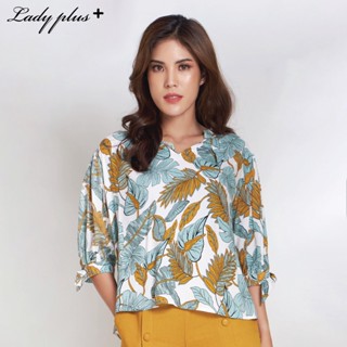 Lady Plus เสื้อลายใบไม้ผูกปลายแขน | Leaf Print Blouse