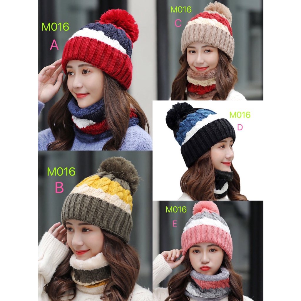 (M-016)Set 2 ชิ้น หมวกผ้าไหมพรม + ปลอกคอ หมวกถัก หมวกกันหนาว หมวกผ้าไหมพรมเกาหลี