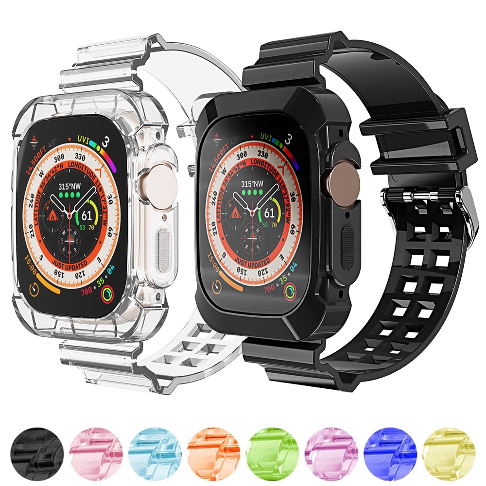 เคส+สายคล้องสำหรับสาย For Apple Watch 49mm 46mm 40mm 45mm 41mm 42mm 38mm อุปกรณ์เสริม สายซิลิโคนใสสำหรับ for iWatch ซีรีส์ 11 10 9 8 6 7 SE 5 4 3 Ultra 3 2 1