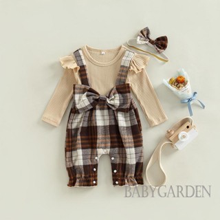 Babygarden-0-18months ชุดจั๊มสูทรอมเปอร์ลําลอง แขนยาว คอกลม ลายสก๊อต และที่คาดผม สําหรับเด็กผู้หญิง