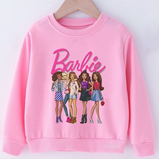 เสื้อกันหนาว มีฮู้ด พิมพ์ลายการ์ตูนบาร์บี้น่ารัก สีชมพู สไตล์สตรีท แฟชั่นคริสต์มาส สําหรับเด็กผู้หญิง