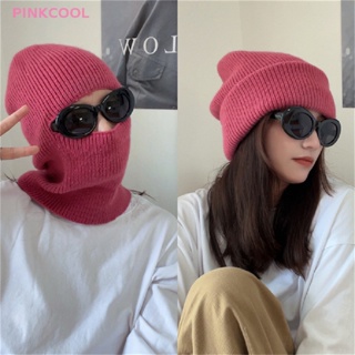 Pinkcool หมวกบีนนี่ ผ้าพันคอ ผ้าถัก สีพื้น ให้ความอบอุ่น เต็มหน้า เหมาะกับฤดูหนาว สําหรับผู้หญิง