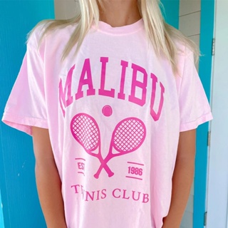 อเมริกัน Malibu Tennis Club ผู้หญิง Y2K สีชมพู T เสื้อสำหรับหญิงแขนสั้นหลวมฤดูร้อน Casual Tees