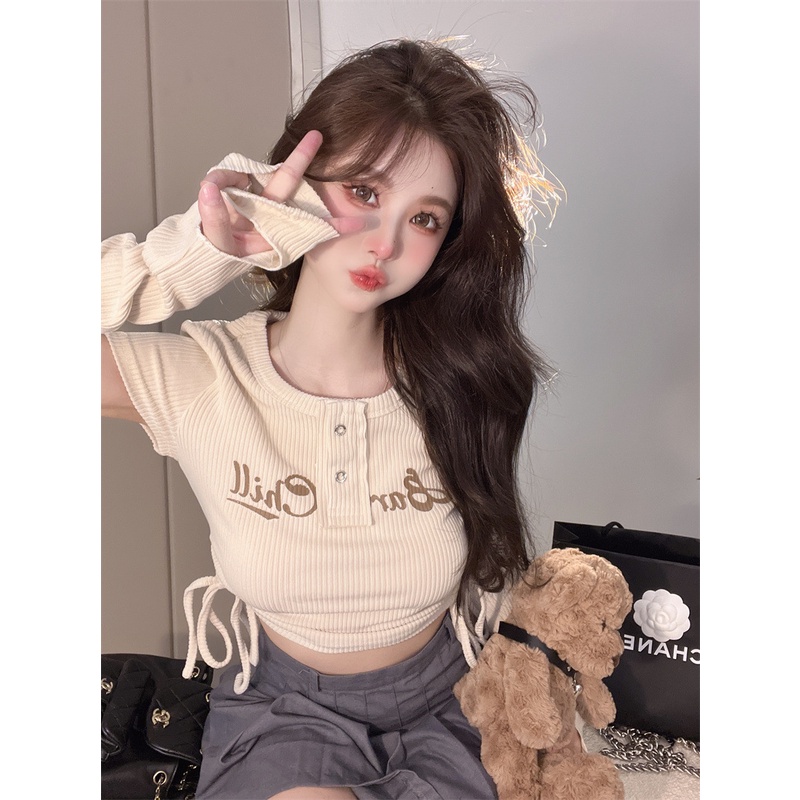 เสื้อยืดแขนสั้น เสื้อครอปสายฝอ