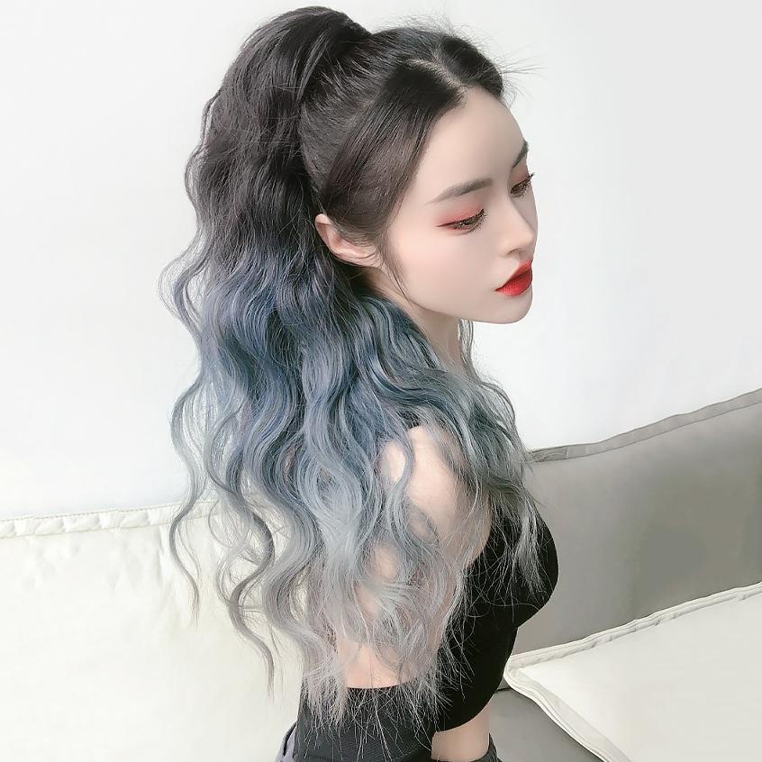 แฮร์พีชหางม้า แบบหนีบ ลอนมาม่า สีฟ้าเทา เฟดสีสวย ไหมนิ่ม รูปที่ 4