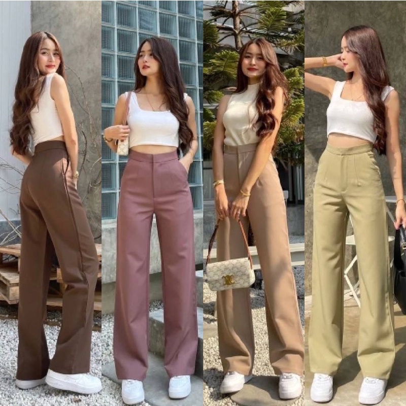 🌲🍑ขากระบอกกลางเอวสูงตะขอหน้าผ้าเบลล่าพร้อมส่ง🍑🌲