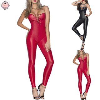 Women Wetlook Lace Up Nightclub Bodysuit Faux Leather Jumpsuit Clubwear high-quality