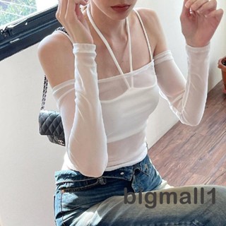 Bigmall- เสื้อครอปแขนกุด เปิดไหล่ ลําลอง สีพื้น สําหรับผู้หญิง 2 ชิ้น