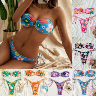 (พร้อมส่ง) BIKINI บิกินี่เกาะอก ดีเทลห่วงทอง กางเกงแบบผูก สายฝอ ลายดอกไม้น่ารัก มี6 สีให้เลือก