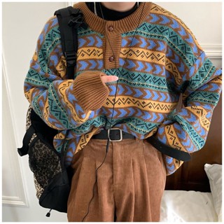 เสื้อไหมพรมคอกลม เสื้อไหมพรมผู้ชาย ใหม่ฤดูใบไม้ร่วงและฤดูหนาวเสื้อสเวตเตอร์หนา ลายวินเทจ ทรงหลวม/M-2XL