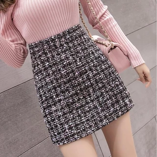 suysuy พร้อมส่ง กระโปรงทำงานผ้าทวิตเรียบ กระโปรงสั้นทรงเอ ผ้าทวิตสไตล์เกาหลี ใส่สบาย ไม่คัน มี 2สี ดำ-ขาว