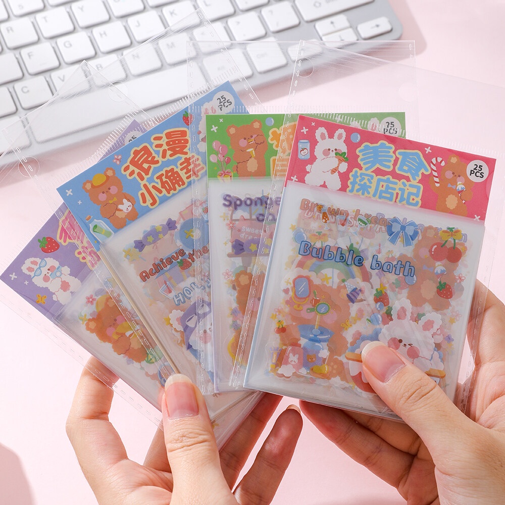 Imoda สติกเกอร์ PET กันน้ํา ลายการ์ตูนน่ารัก สําหรับตกแต่งสมุดภาพ 25 แผ่น ต่อถุง