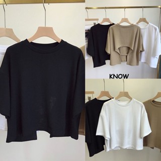 KNOW 2370 ✨พร้อมส่ง✨เสื้อยืดคอกลมแขนสั้น เสื้อยืดผ้าฝ้าย เปิดหลัง ทรงหลวม สไตล์เกาหลี