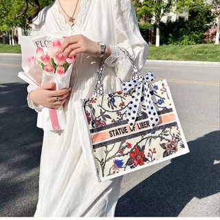 พร้อมส่ง กระเป๋าผ้า ผูกโบว์ ผ้าหนาลายชัด ลายแฟชั่น สไตล์เกาหลี ญี่ปุ่น สำหรับผู้หญิง กระเป๋าสะพายไหล่ TOTE BAG