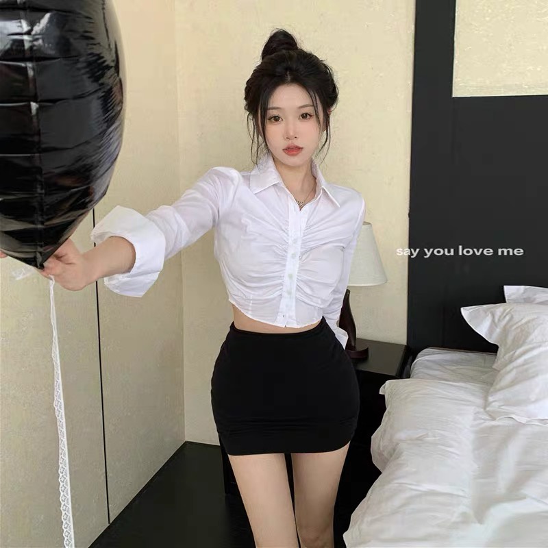 Cicishop(0815A)Mini Shirts เสื้อเชิ้ตครอปเว้าเอว ดีเทลเย็บตรงอกเก๋ๆ สไตล์เกาหลี - รูปที่ 2