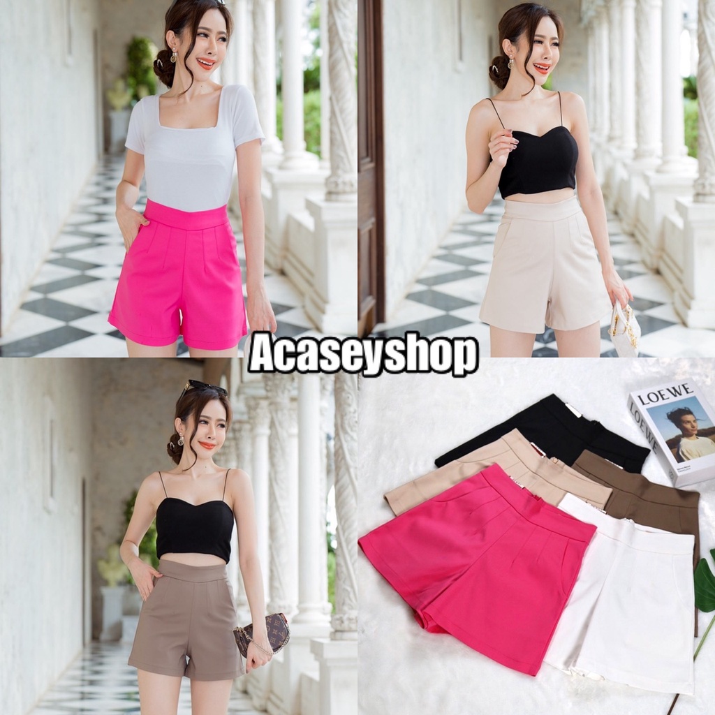 Acasey กางเกงขาสั้นผู้หญิง ซิฟหลัง ผ้าดับเบิ้ลซาติน ตีเกล็ดคู่พลางหน้าท้อง
