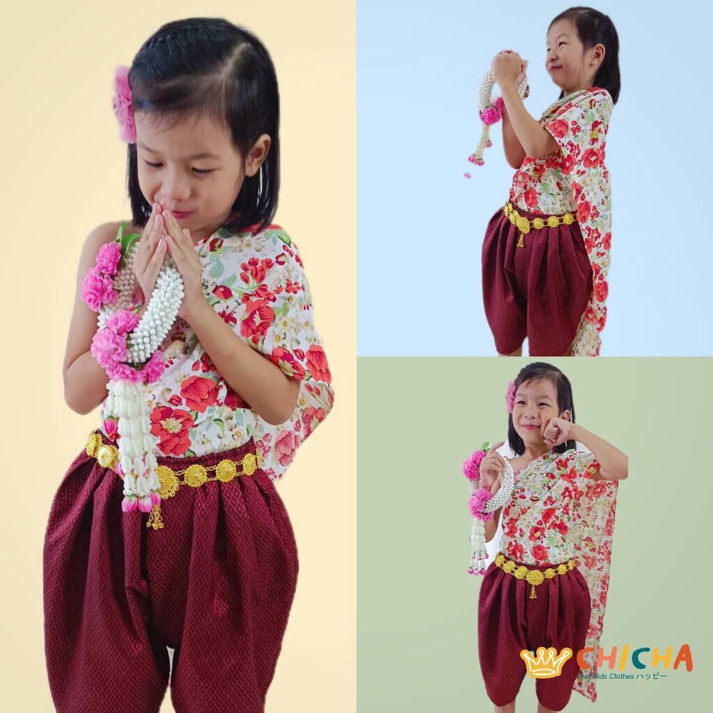 ชุดไทยเด็กผู้หญิง ชุดสไบสำเร็จ รุ่น "ละมุน" #แดงชาด 🌺 2-6 ขวบ โจงกระเบน + สไบ 🌺 ใส่สบาย ดูดี ชุดไทยเด็กอนุบาล chicha❤️