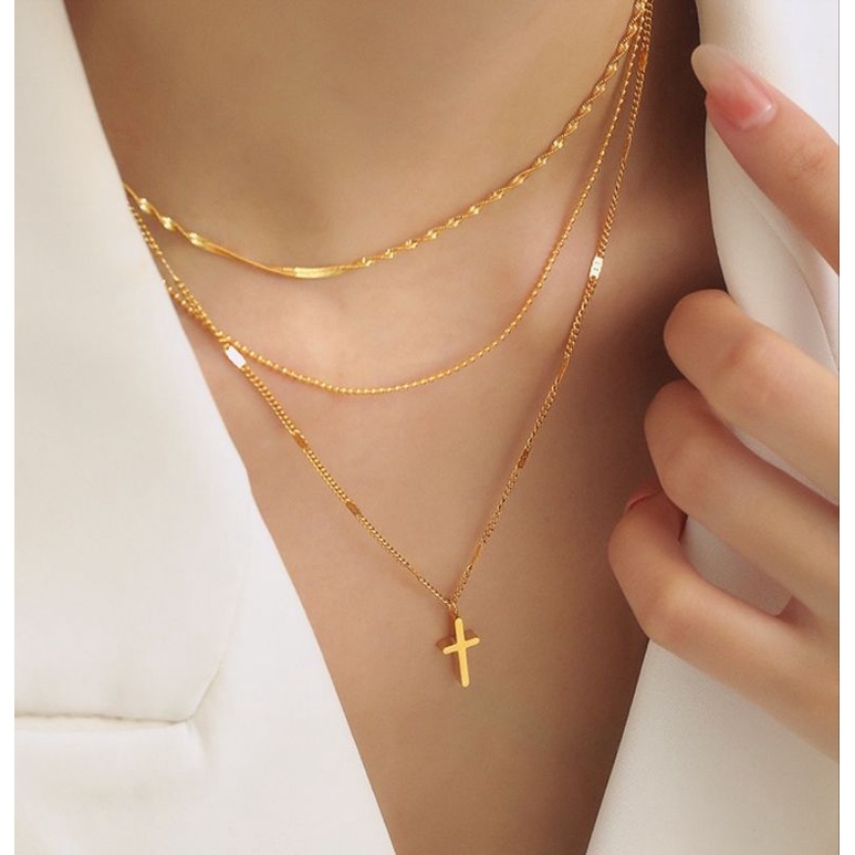 TTN5599 - สร้อยคอไทเทเนียม Cross Layer (สีเหลือง)