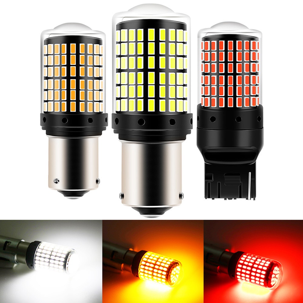 1pcs ไฟเลี้ยวอัตโนมัติไฟเบรค 1156 BA15S P21W BAU15S PY21W T20 7440 W21W 1157 หลอดไฟ led 144 smd led CanBus ไม่มีข้อผิดพลาดโคมไฟสีขาวสีเหลืองสีแดง 12V 24V