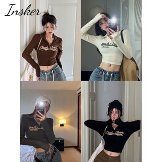 Insker- เสื้อยืดลําลอง แขนยาว คอปก พิมพ์ลายตัวอักษร สําหรับผู้หญิง