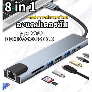 อะแดปเตอร์ฮับ 8 In 1 HUB USB Type-C เป็น USB 3.0 + HDMI 4K + RJ 45 + การ์ดรีดเดอร์ SD + USB C HUB 3.5 มม พร้อมส่ง