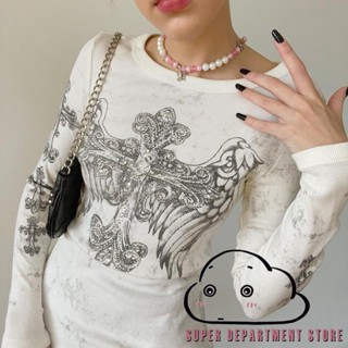 SUPER-Women´s Y2K Angel Wings Printed T-shirt Autumn Long Sleeve Knitted Pullovers Tops Clothes