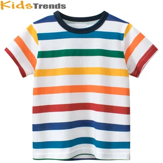 เสื้อยืดแขนสั้น ผ้าฝ้าย ลายทาง สีสันสดใส สําหรับเด็กผู้ชาย