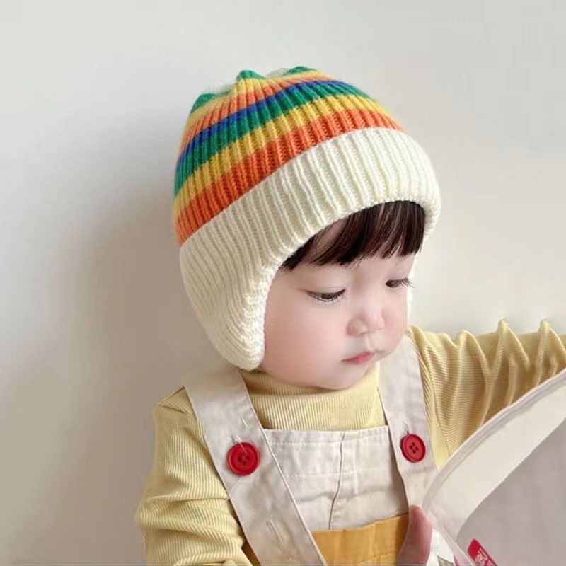 หมวกบีนนี่ ผ้าถัก แบบหนา ให้ความอบอุ่น ป้องกันหู ลายทาง แฟชั่นฤดูใบไม้ร่วง ฤดูหนาว สําหรับเด็กผู้ชาย และเด็กผู้หญิง